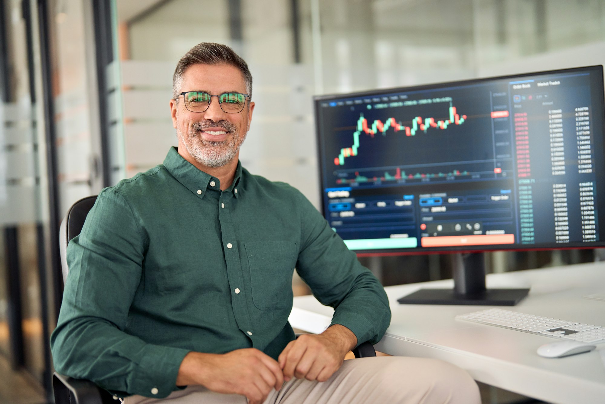 Happy financial investor, stock trader or adviser at work, stockbroker portrait.